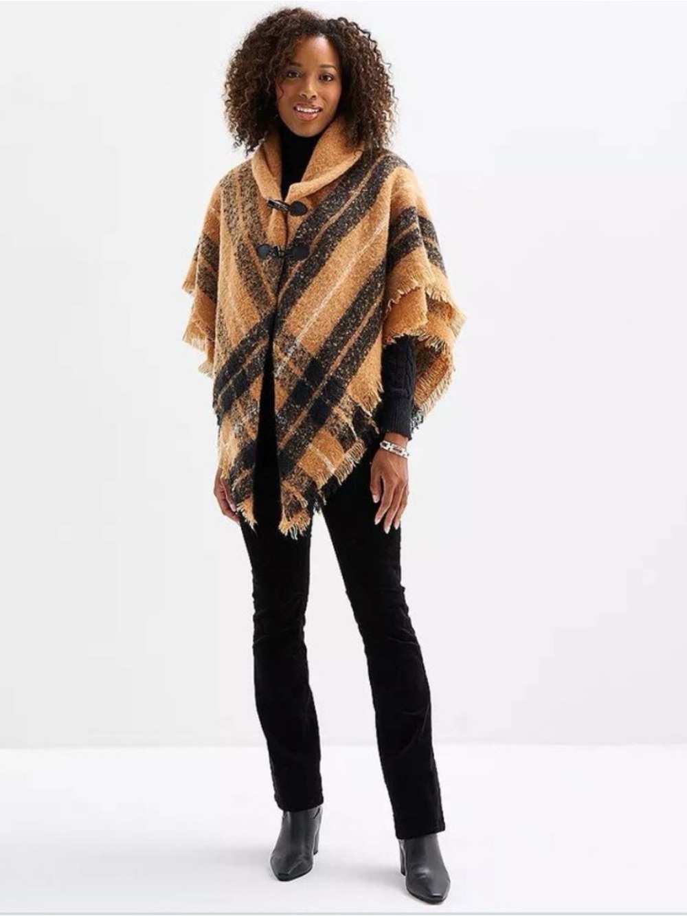 St. John's Bay Camel and Black Plaid Fringed Shawl Poncho